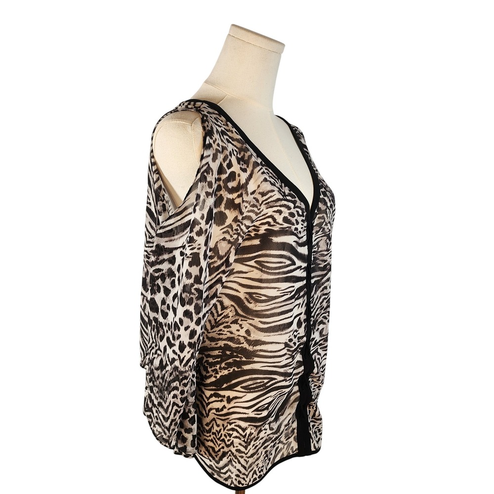 Guess Y2K Sheer Animal Print V Neck Lace Front Top Open Sholder Kimono Sleeve L